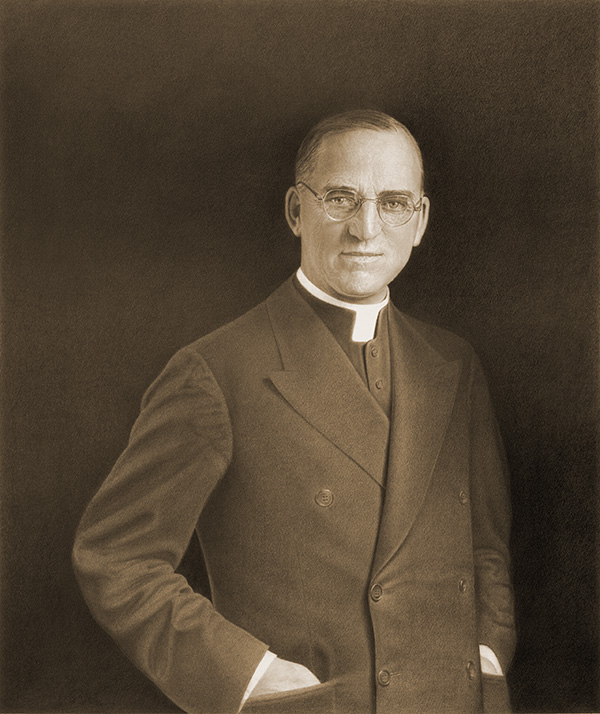 Sepia-toned image of a formal portrait of Father Flanagan.